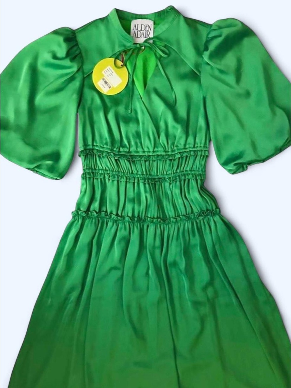 NEW XS Alden Adair Midi Maxi Dress Satin Cocktail Puff Sleeves Bright Green NWT